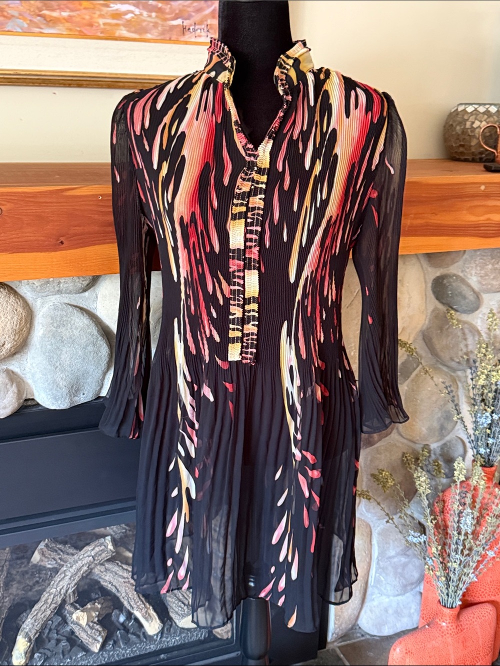 Vibrant Sheer Pleated Tunic with black, Coral and Yellow Brushstroke Print (M)
